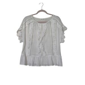 GAP White Lace Crochet Peasant Blouse Boho Peplum Top L Feminine Ruffle Romantic